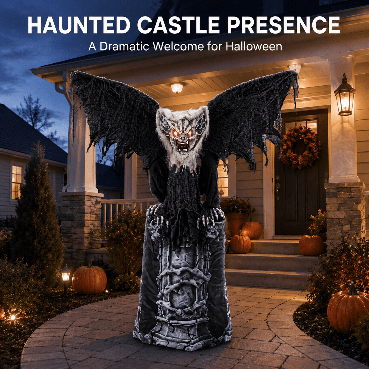 Romswi Halloween Decorations 4.7ft Standing Tombstone Gargoyle Animated with Light Up Eyes and Sound-Activated for Spooky Yard Garden Decor