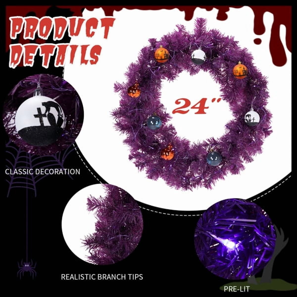Alvantor 24 in Pre-Lit Halloween Wreath with 50 Purple and Orange LED Lights, 100 PVC Tips, DIY Ball Ornaments, Battery Powered, Purple