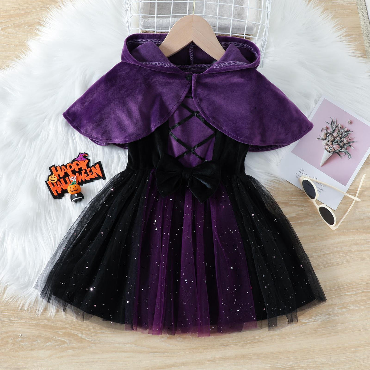 WIBACKER 1-6T Toddler Girls Witch Costume Kids Halloween Party Cosplay Ball Gown Tulle Dress with Plush Hooded Cape Shawl Set