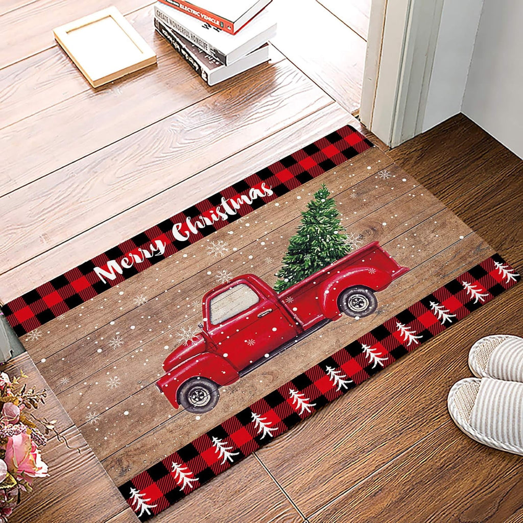 Christmas Snowman Trees Entrance Door Mat, Red Plaid Low Profile Tradition Christmas Decor Welcome Doormat, Non-Slip Carpet Rugs Floor Mat Decorative for Home/Bathroom/Kitchen - 20"x31.5"