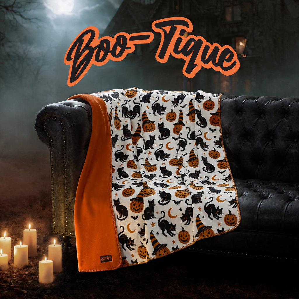 Boo-tique Halloween Plush Soft Oversized Couch Throw Blanket, Cats and Pumpkins, Orange, 50 x 72 in