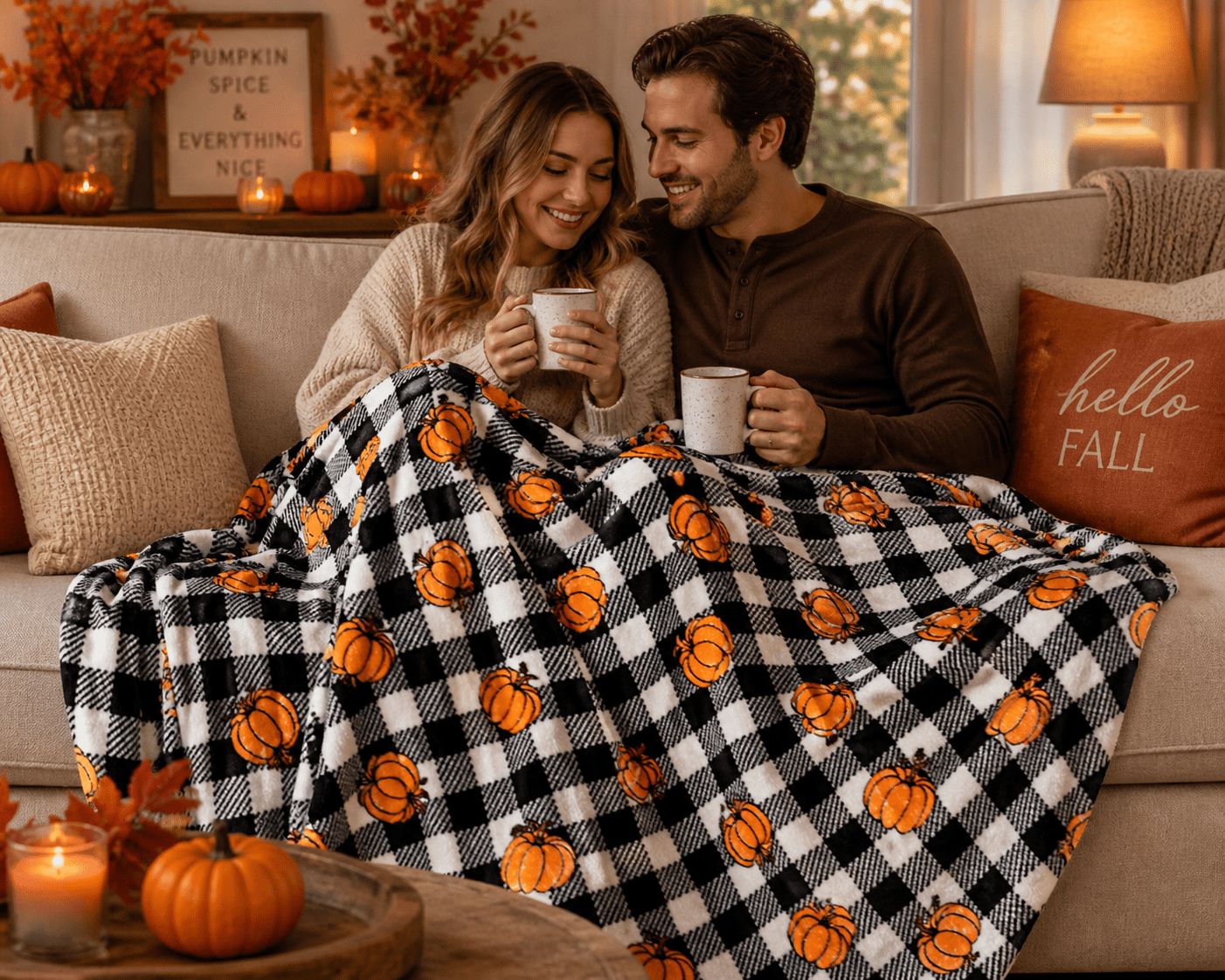 Serafina Home Halloween Throw Blanket: Fuzzy Boo! Jack O'Lantern Spider Webs Skull and Black Cats Print on Velvet Fleece for Sofa Bed Couch Chair Dorm