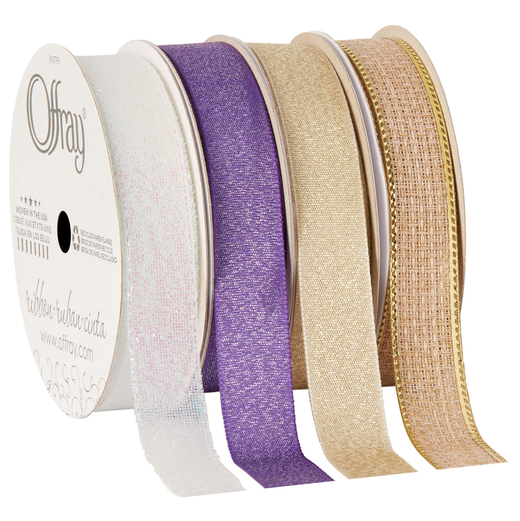 (4 pack) Offray Ribbon, Natural Gold 5/8 inch Galena Metallic Ribbon for Wedding, Crafts, and Gifting, 9 feet, 1 Each
