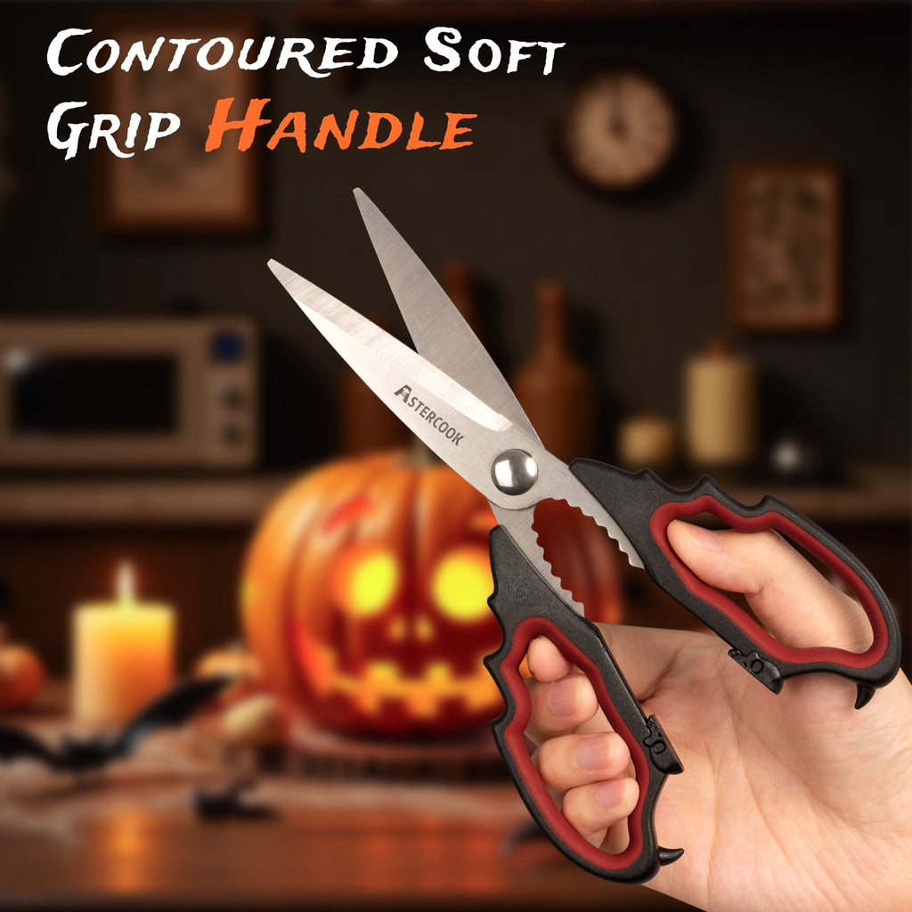 Astercook Halloween Kitchen Scissors, Gothic Skull Heavy Duty Shears for Cooking, Poultry, Herbs – Spooky Pumpkin Design, Dishwasher Safe, Perfect Gift for Halloween Party & Home Décor Red