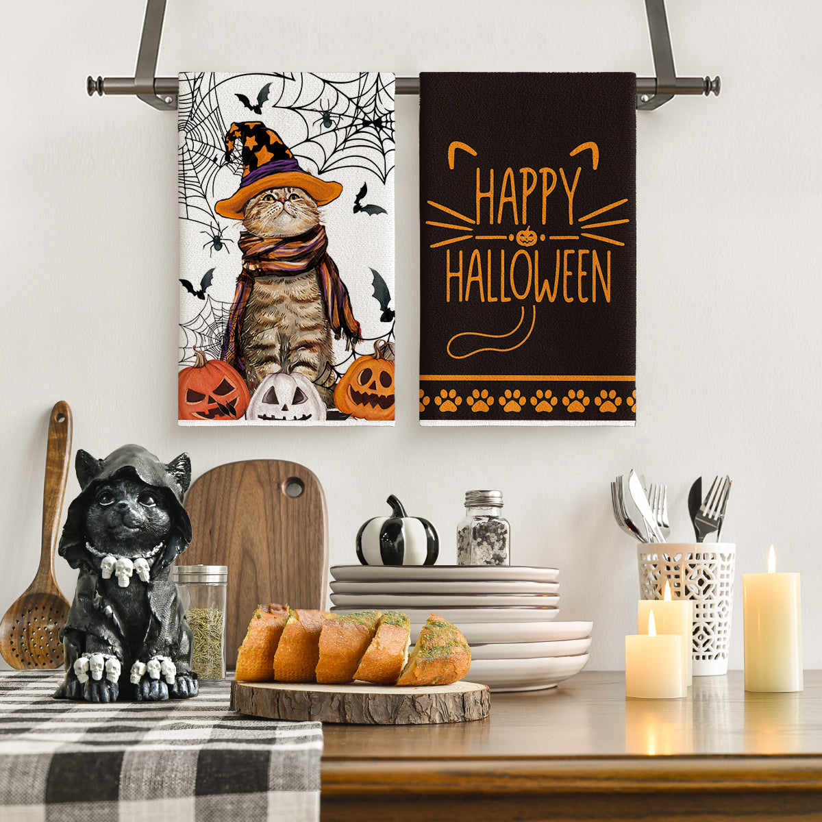 Sm:)e Spider Web Jack-O'-Lantern Pumpkin Cat Happy Halloween Kitchen Towels Dish Towels 18x26 Inch Set of 2