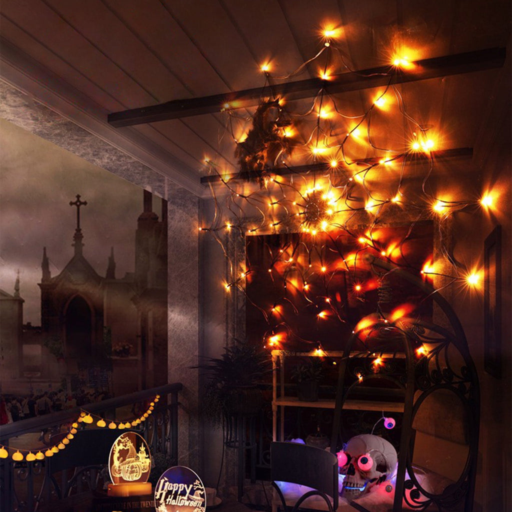 Clearance! Halloween Arachnid Web Lights 1M Diameter 60 LED with Black Spider, Water Proof Purple Net Lights, Remote Control, Halloween Decorations for House Garden