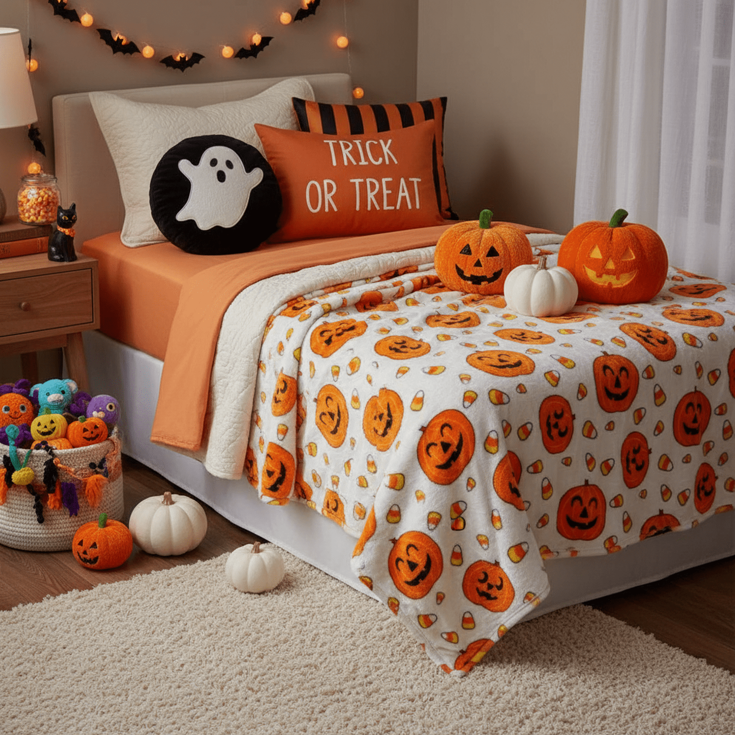 Serafina Home Halloween Throw Blanket: Fuzzy Boo! Jack O'Lantern Spider Webs Skull and Black Cats Print on Velvet Fleece for Sofa Bed Couch Chair Dorm