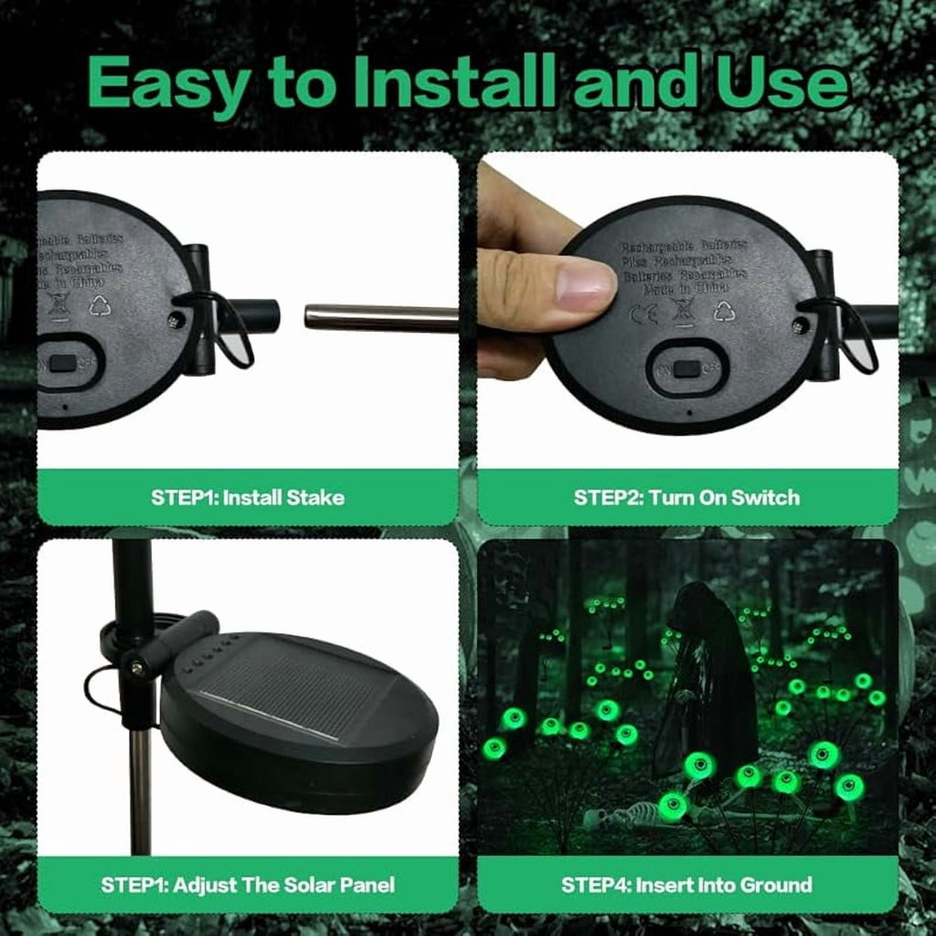 Halloween Decoration Outdoor Solar Horror Eyeball Lights, 2 Pack 12 LED Green Eyeball Swinging Firefly Lights, Waterproof Solar Halloween Street Lights Suitable for Courtyard/Garden/Lawn/Party Decora