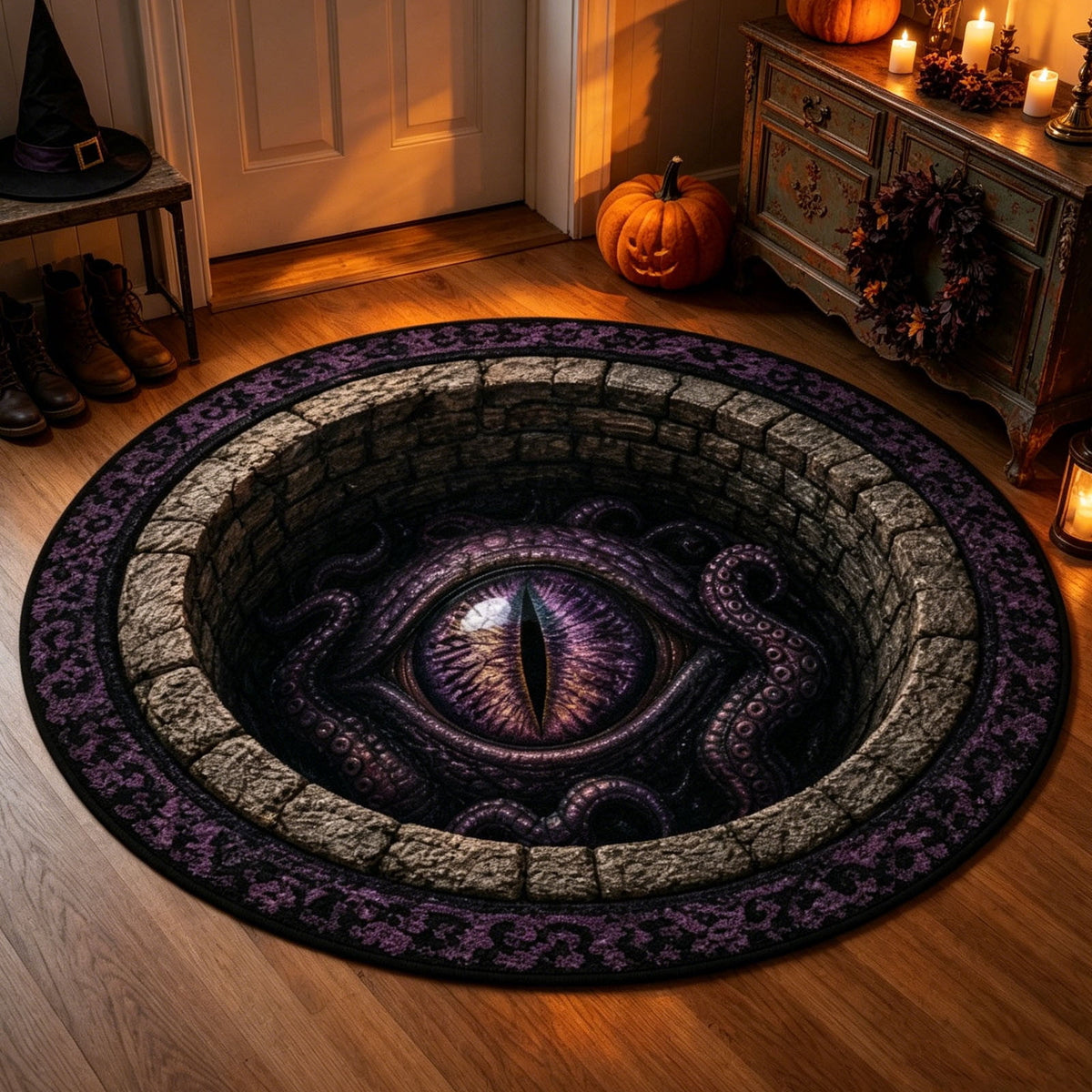 Halloween Round Rug Optical Ghost Pumpkin Mat 15.75in Diameter Polyester Skidproof & Soft for Entryway Bedroom Party by MPOISVA