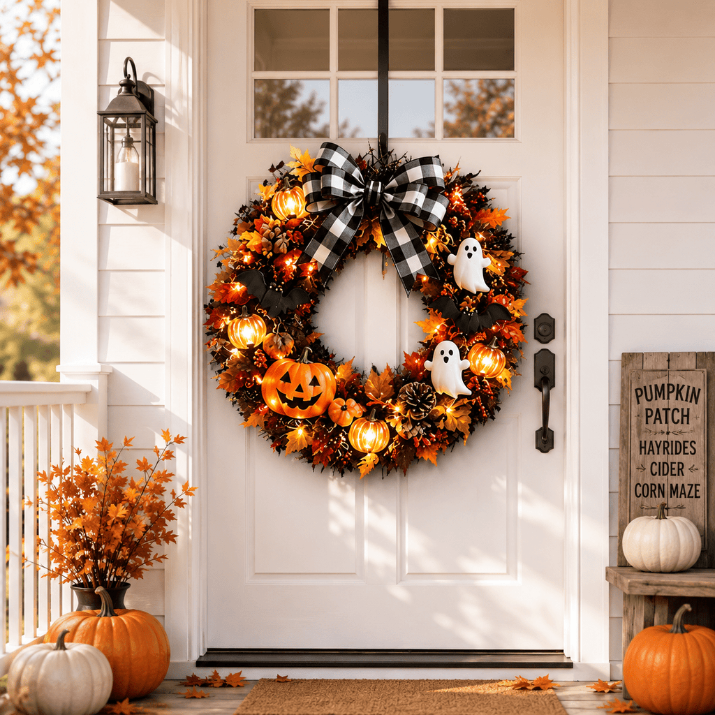 Halloween Pumpkin Ghost Wreath with Lights, 14 Inch Front Door Hanging Decor with Pumpkin, Ghost, Bat and Spiderweb, Indoor Outdoor Party Wall Decoration