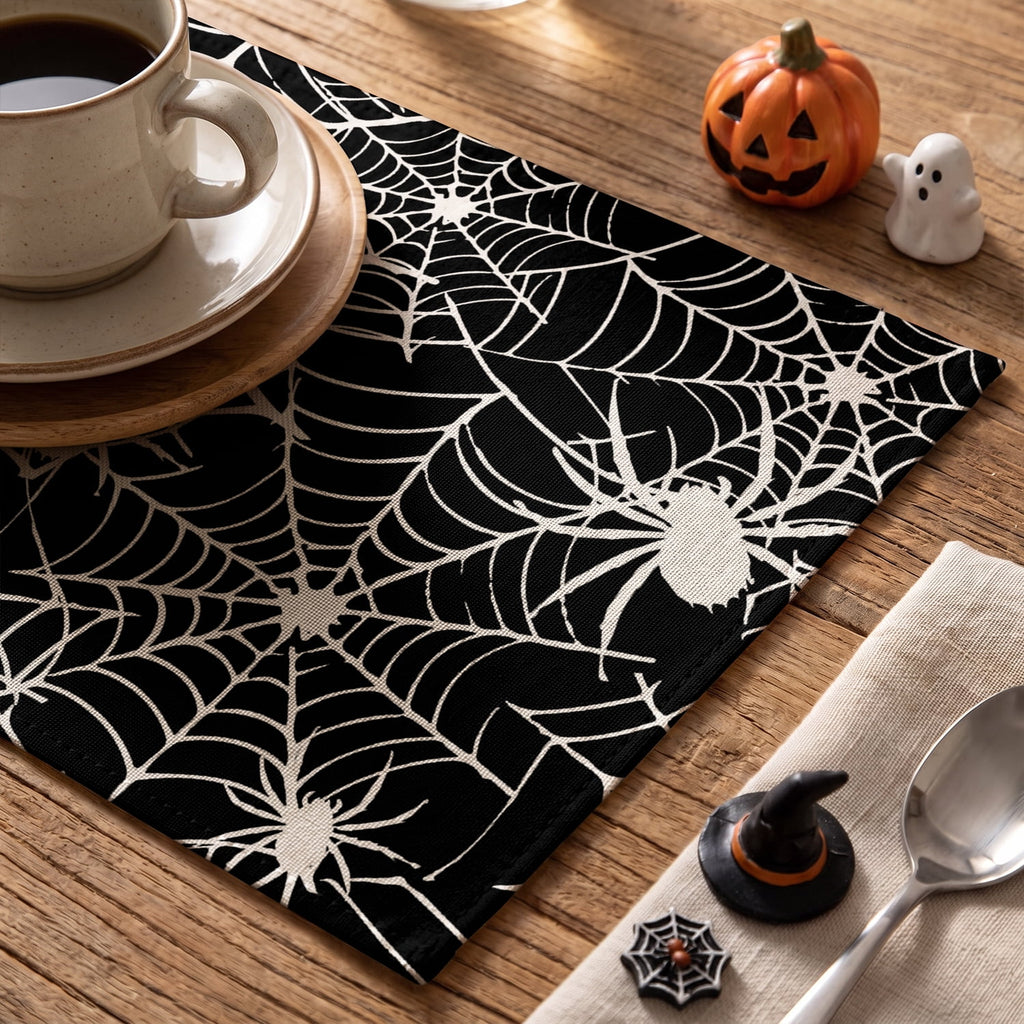 Smile Jack-O'-Lantern Spider Web Halloween Table Placemats Set of 4 Round 15 Inch Black