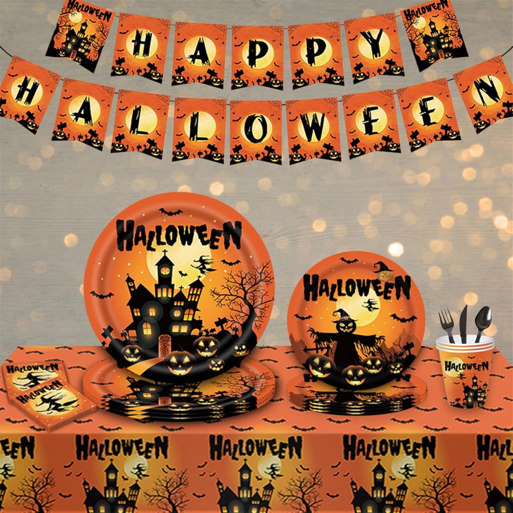 Halloween Party Supplies Decoration Tableware Set,114 Pcs Includes Plates, Napkin,Cup,Straw, Banners, Tablecloth.Halloween Disposable Dinnerware for Halloween Party Decorations,Serve 16