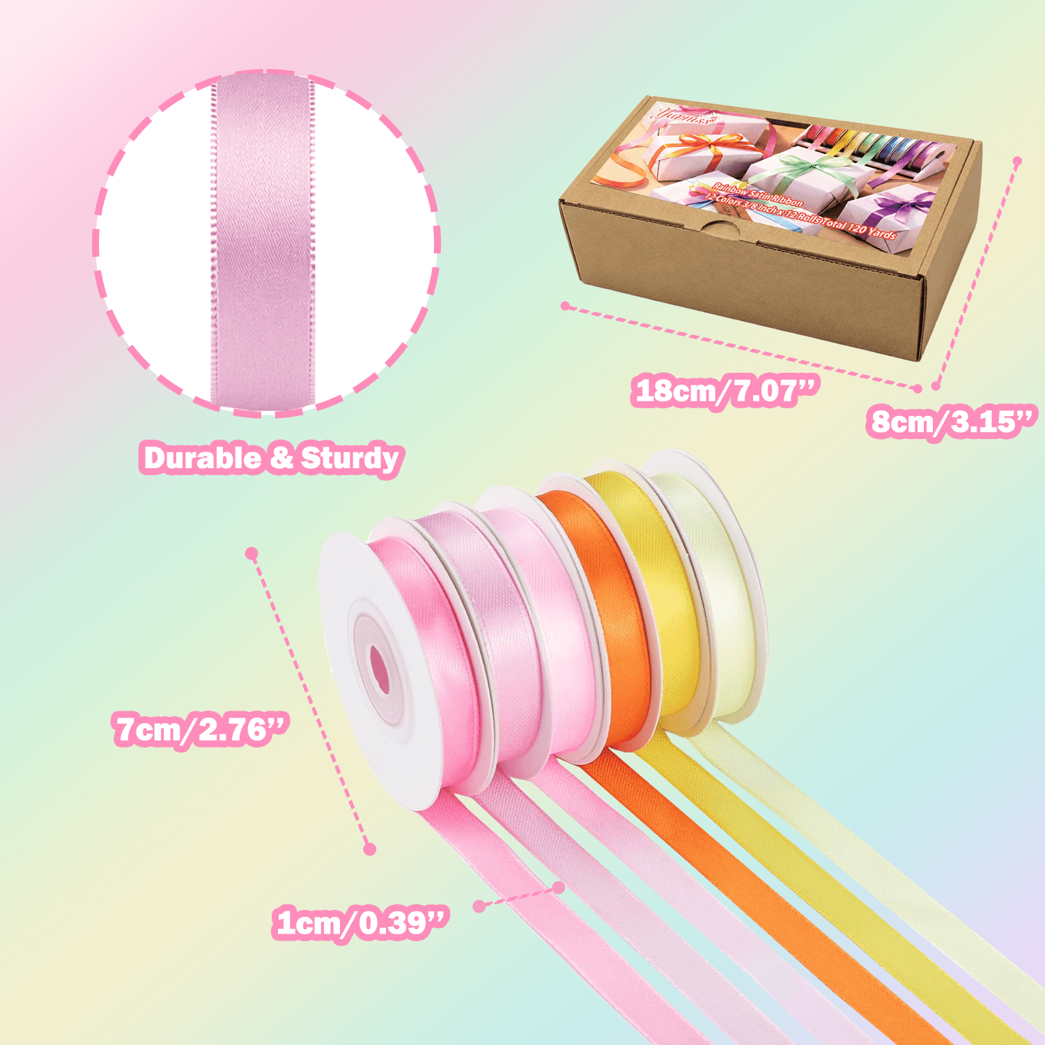 Yarniss Satin Ribbon Roll, 3/8 Inch, Double Faced Polyester, 20 Rolls, 100 Yards, for Crafts & Gift Wrapping