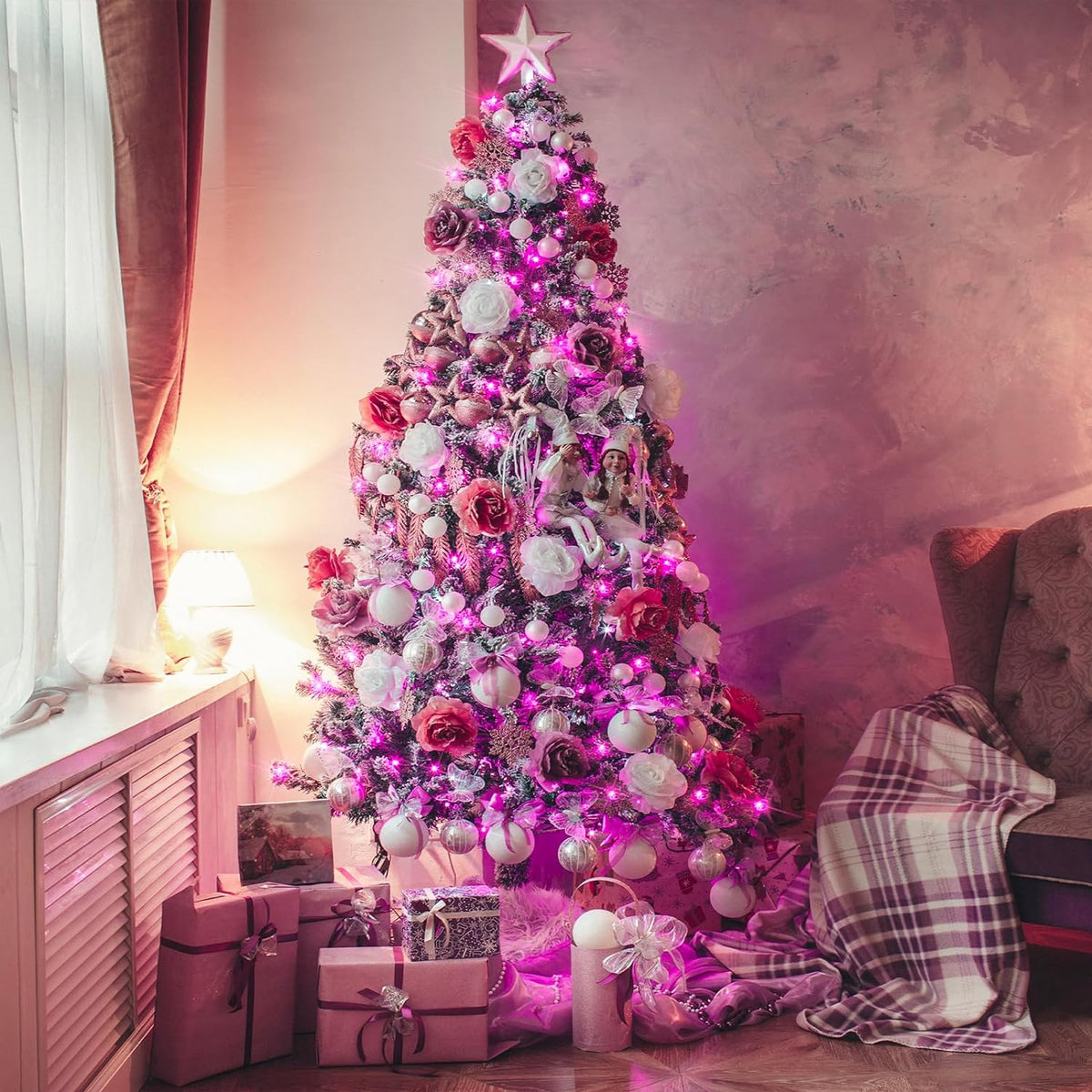 33ft 100 LED Pink Battery Lights for Bedroom, Pink Christmas String Lights with 8 Modes Remote Indoor Outdoor, Fairy Twinkle Lights for Room Party Tree Valentine