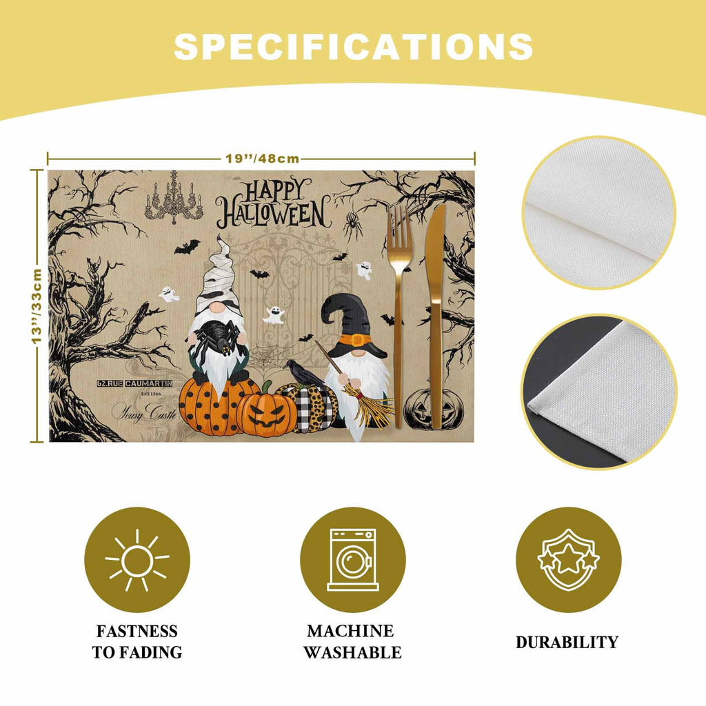 Halloween Placemats Set of 4 Gnome Pumpkin Place Mats Fall Placemat Black Bats Crow Ghosts Cobwebs Castle Table Mats for Dining Kitchen Table Holiday Dinner Party Home Decorations 13x19 Inch