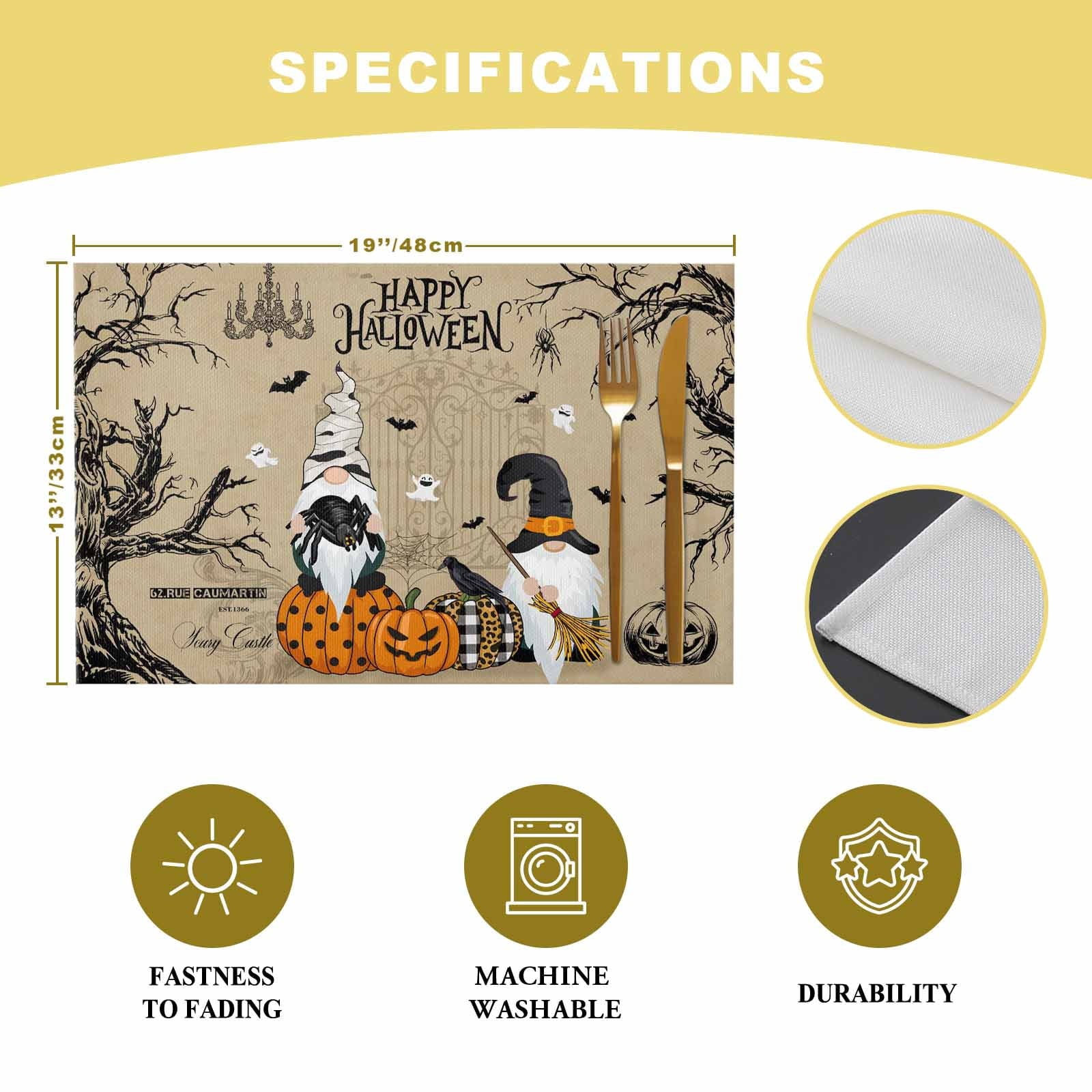 Halloween Placemats Set of 4 Gnome Pumpkin Place Mats Fall Placemat Black Bats Crow Ghosts Cobwebs Castle Table Mats for Dining Kitchen Table Holiday Dinner Party Home Decorations 13x19 Inch