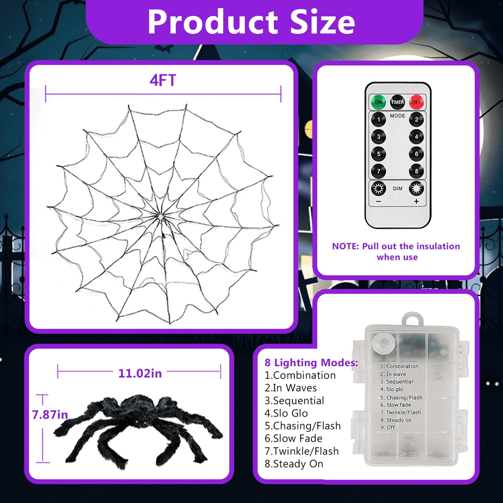 DAYBETTER Halloween Spider Web Lights, 4FT Purple LEDs with Hairy Black Spider, Remote Control, Waterproof for Indoor, Outdoor, Halloween Decor