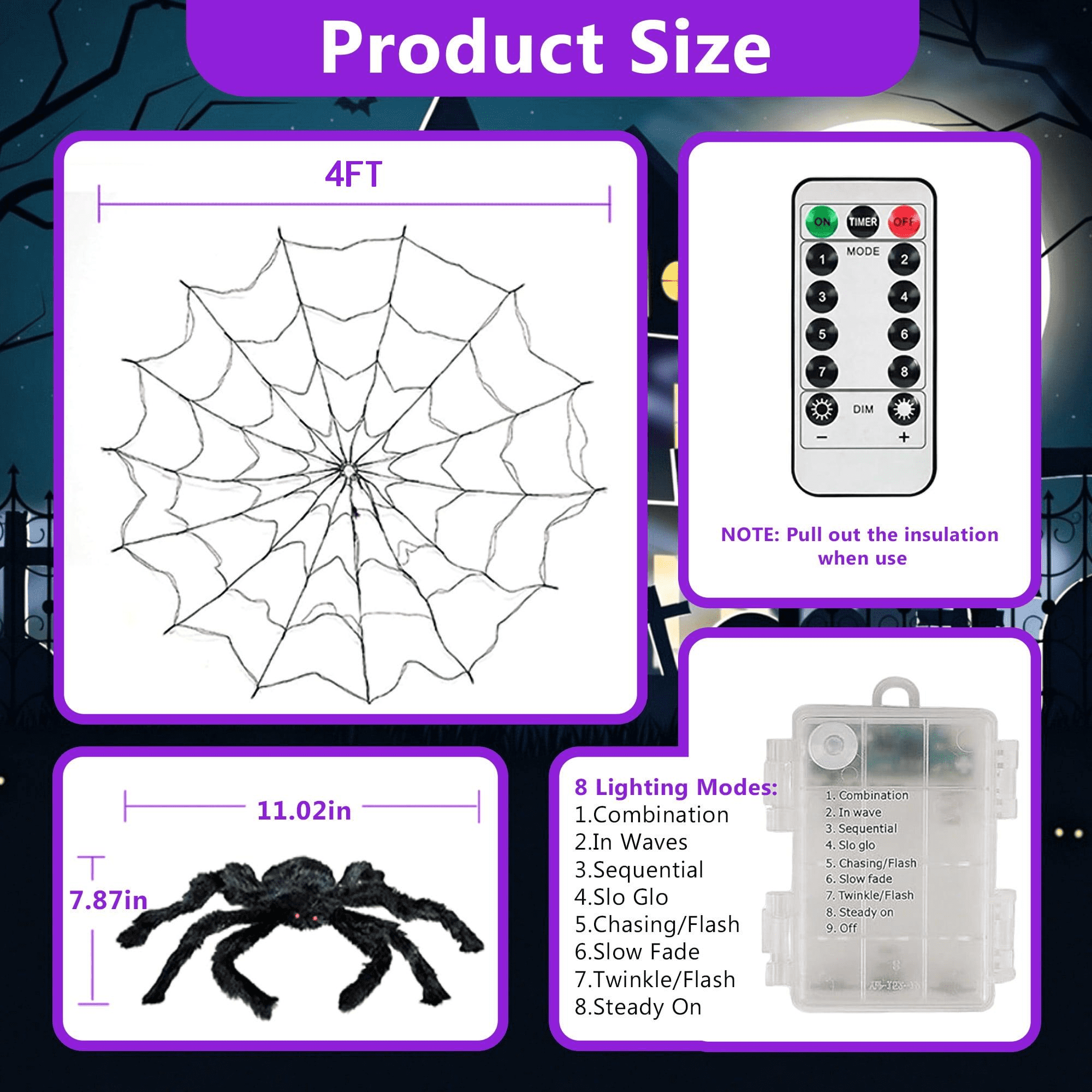 DAYBETTER Halloween Spider Web Lights, 4FT Purple LEDs with Hairy Black Spider, Remote Control, Waterproof for Indoor, Outdoor, Halloween Decor