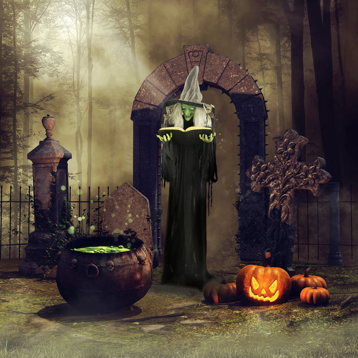 Haunted Hill Farm 5.5 ft Poseable Witch with Spell Book, Lights and Sound, Indoor/Covered Outdoor Halloween Decoration, HHWITCH-9FLS
