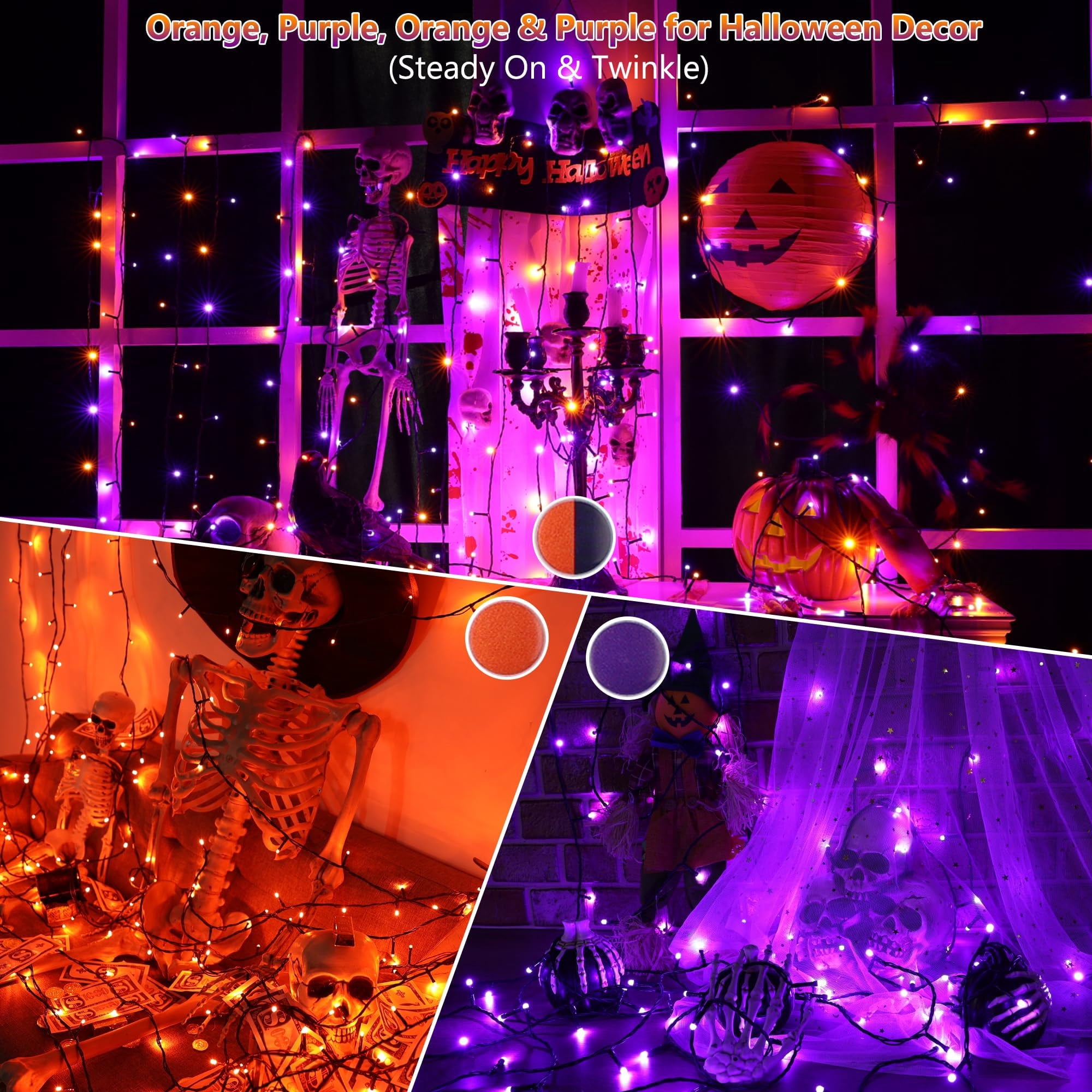 Toodour Orange & Purple Halloween Lights, 82ft 200 LED Plug in Halloween String Lights with 8 Modes, Memory & Timer Function, Connectable Halloween Outdoor Lights for Home, Garden, Halloween Decor