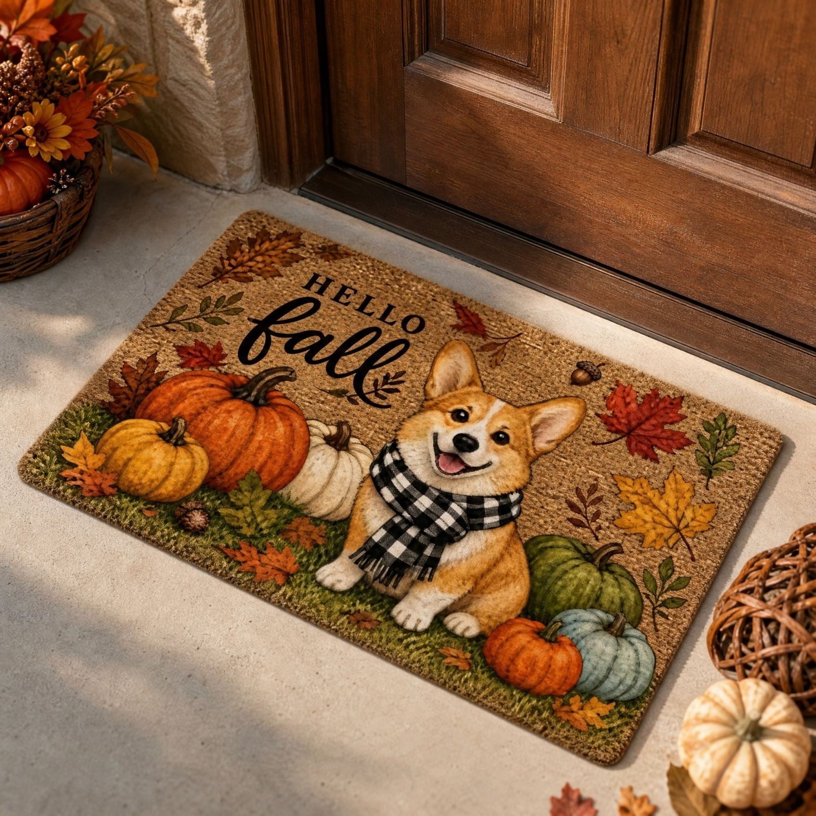 Fall Thanksgiving Welcome Doormat with Pumpkin Maple Leaf Design 15.75 x 23.62 Inch Crystal Velvet Seasonal Rug for Entryway Kitchen Home Decor