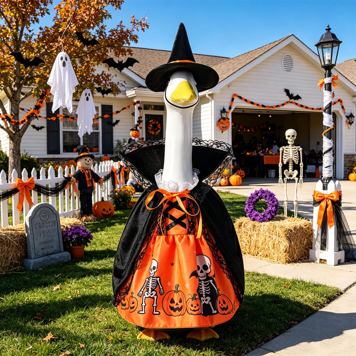 Outdoor Holiday Yard Decor, 23 Inch Porch Goose Outfits, Halloween Pumpkin Themed Porch Goose Clothes, Porch Goose Set with Hat and Treat Bag, Fits Standard 23 Inch Large Porch