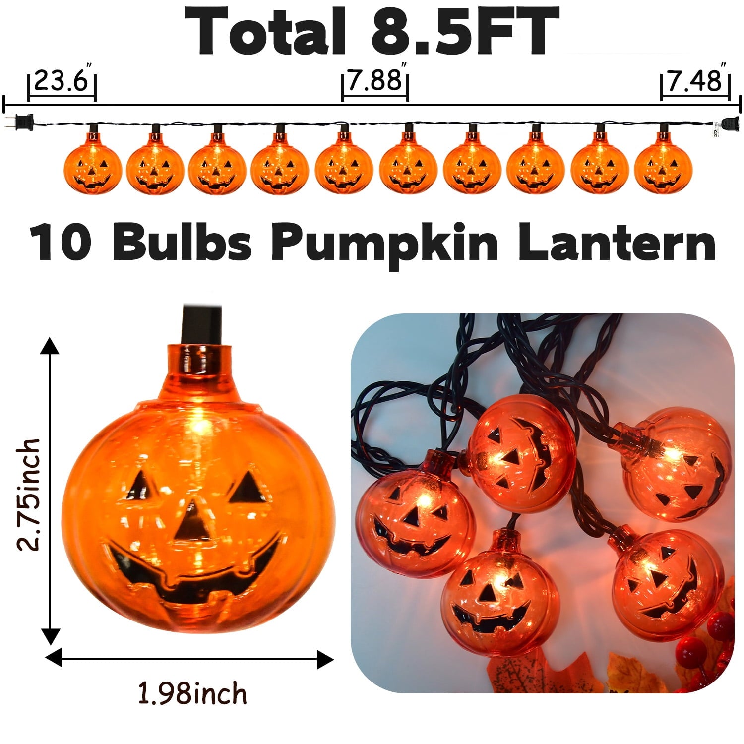 Halloween Pumpkin String Lights, 8.5Ft Outdoor Halloween Decorations Lights with 10 Jack-O-Lantern Lights, Hanging Pumpkin String Lights Party Patio Garden Window Decor