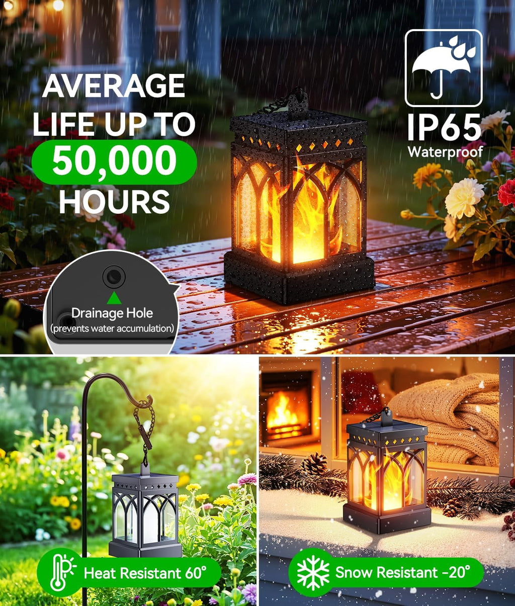 Diigabo 2-Pack Solar Lanterns Outdoor Flickering Flame Waterproof Hanging Lanterns Solar Powered LED for Patio Deck Yard