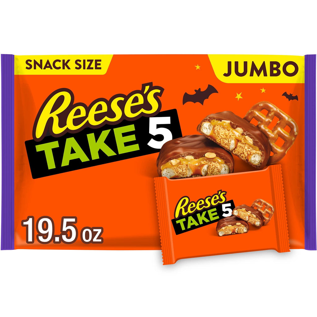 Reese's Take 5 Pretzel, Peanut and Chocolate Snack Size, Halloween Candy Jumbo Bag, 19.5 oz