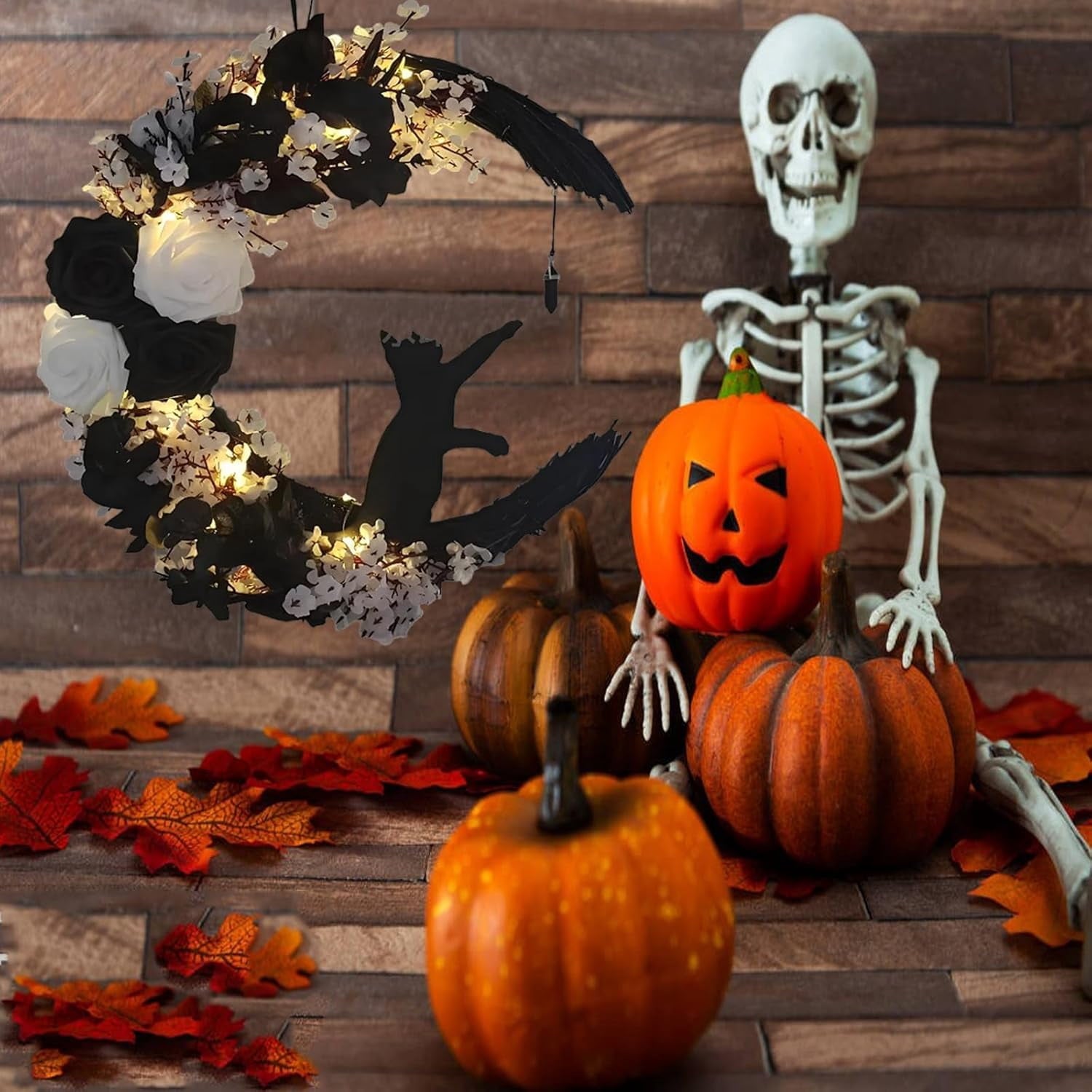 Halloween Wreaths For Front Door, Flower Moon Cat Halloween Home Decoration, Halloween Family Gathering Decoration Wreath，Outdoor, Wall, Closet, Fence, Wreath Halloween (Pink roses)