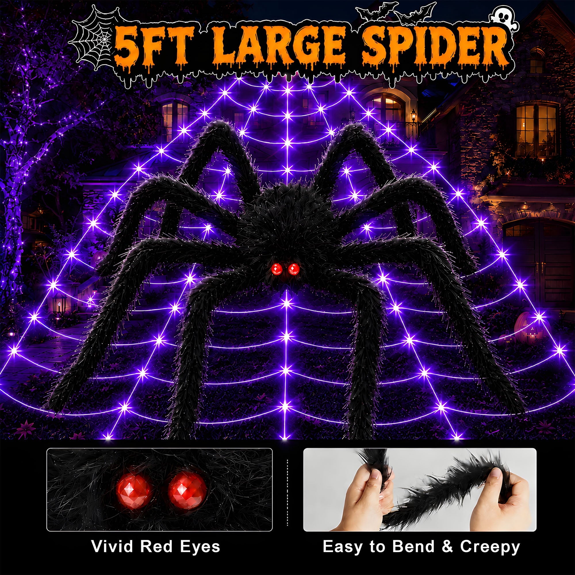 DAYBETTER Halloween Spider Web Lights, 5FT Giant Spider, 250 LED Holiday Lights, Remote Control Waterproof for Indoor Outdoor Yard Party Halloween Decorations (Purple & Orange)