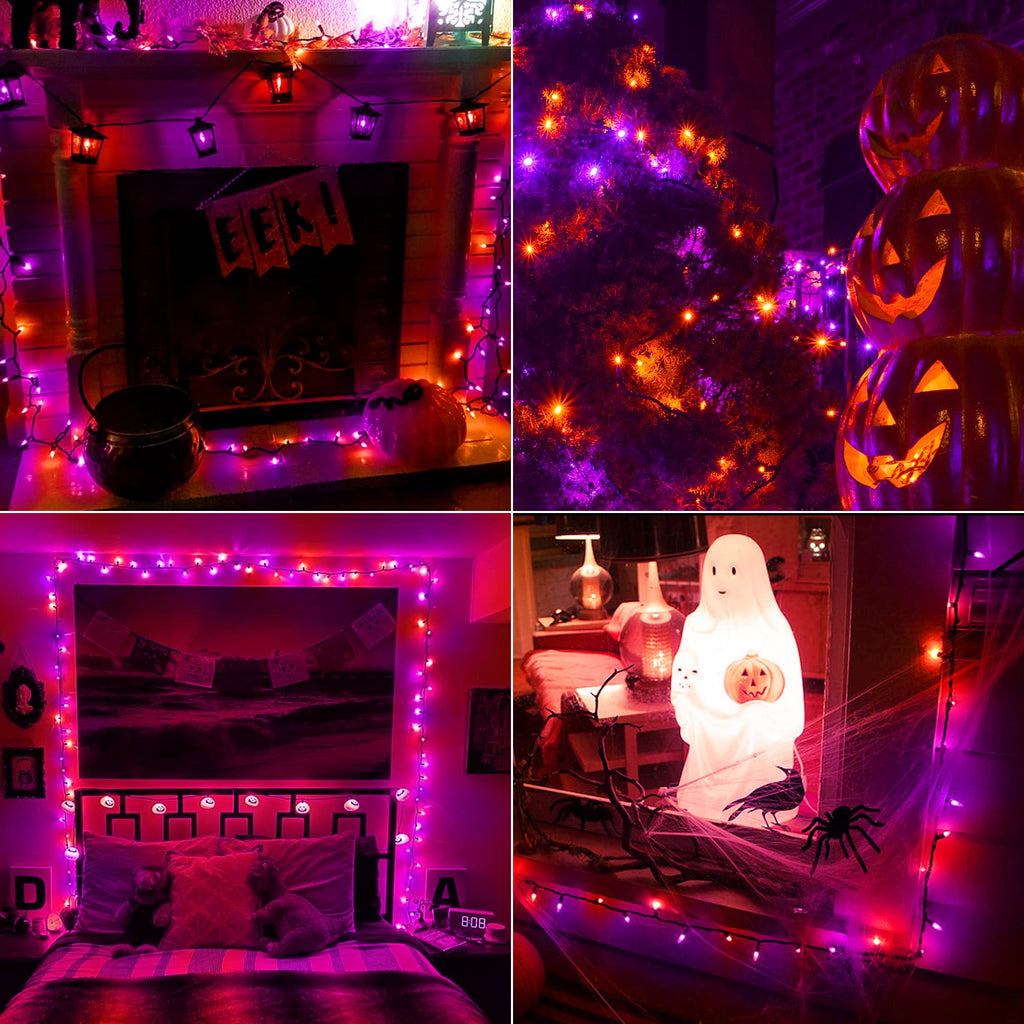 TETOU Halloween Lights, 33ft 100 LED Battery Halloween Lights, 8 Modes String Lights with Timer, Indoor Outdoor Waterproof mini Lights String for Halloween Bedroom Patio Decor - Orange & Purple