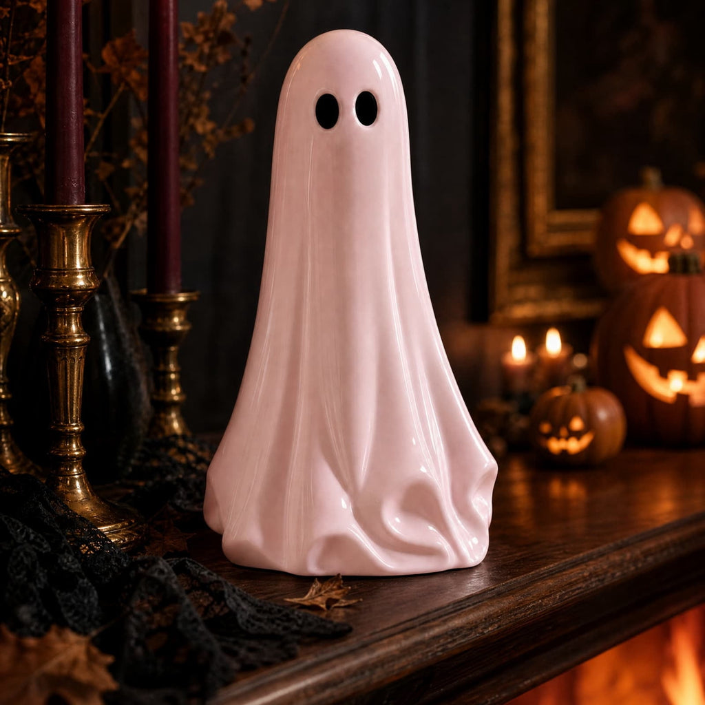 Pink Halloween Decor Ghost Candy Bowl Figurine with Bow and Scalloped Holder for Indoor Tabletop Decor and Party Favor Display