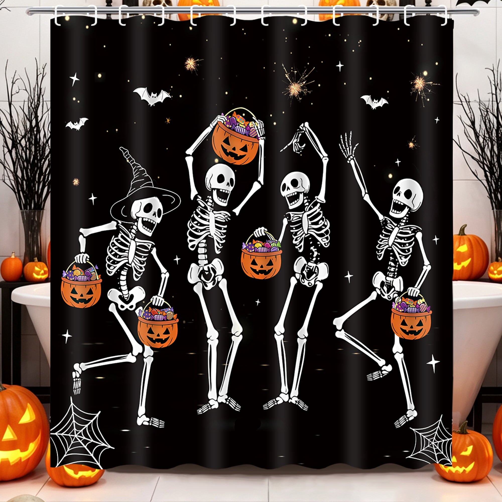 FRAMICS Halloween Shower Curtain Sets with Rugs, 16 Pc Pumpkin Spooky Ghost Bathroom Sets, Black Waterproof Fabric Shower Curtain with 12 Hooks and Toilet Rugs