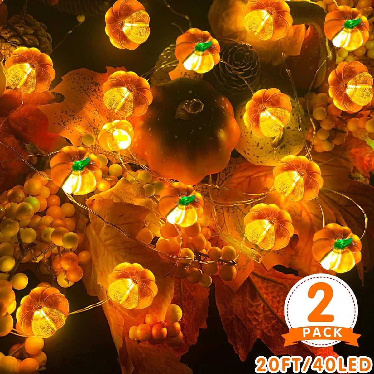 Halloween Fall Decorations, 1 Pack 3D Halloween Lights Total 10Ft 10/20/30LED Warm White Pumpkin String Lights Battery Operated Orange Lights for Halloween Decorations Party Indoor, 1/2/3 Meters