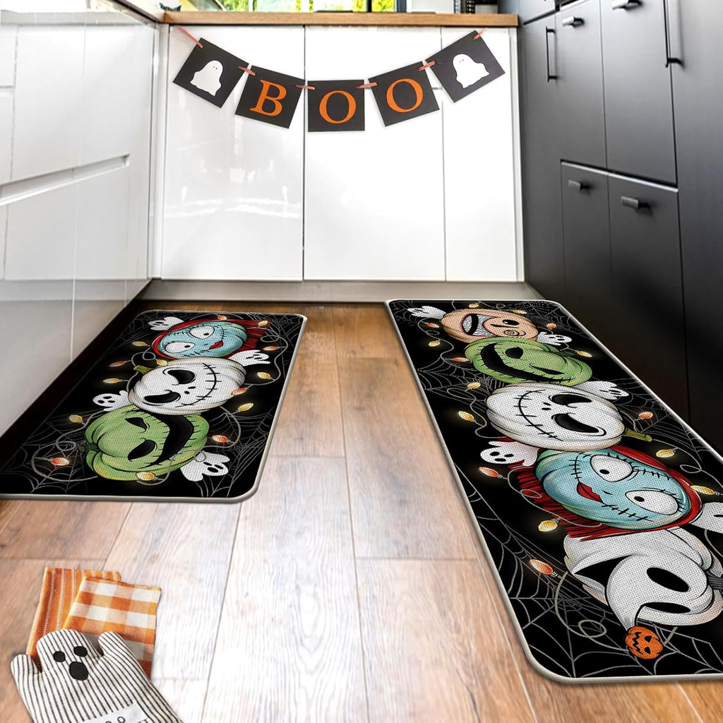 Halloween Jack Skellington Kitchen Rugs Set of 2, Green Monster Mayor Jack O Lantern Pumpkin Kitchen Mats Decor, Funny Holiday Ghost Floor Door Mat Home Decorations - 17x29 and 17x47 Inch