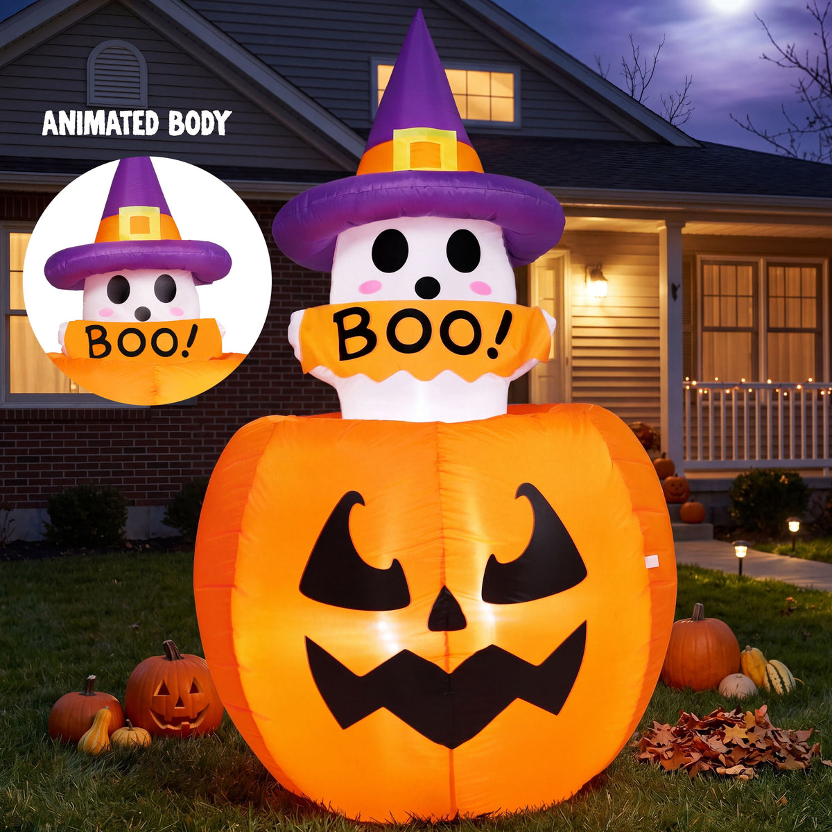 Joyfy 5 ft Halloween Inflatable Animated Cat on Pumpkin,Halloween Outdoor Decoration with LED Lights,Blow Up Decoration for Yard & Lawn,Party