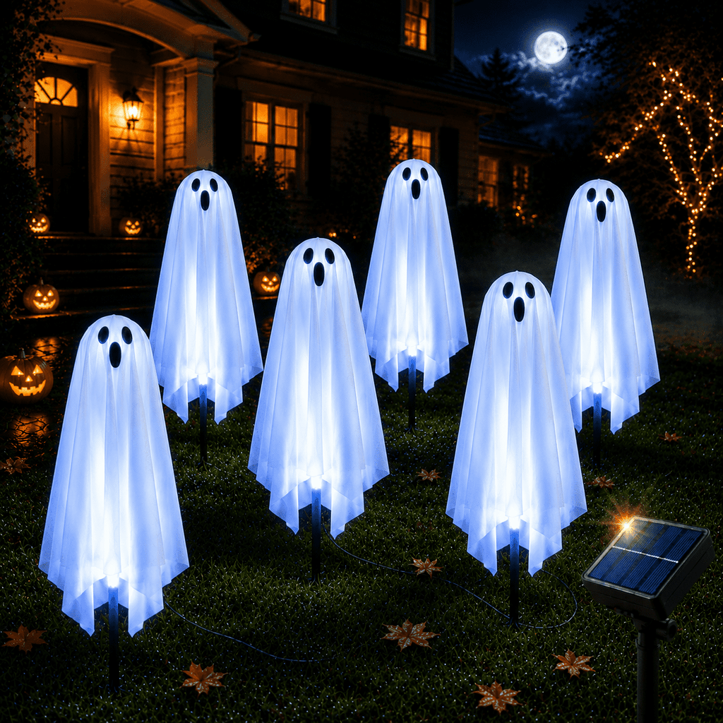 6 Pack Solar Halloween Ghost String Stake Lights, White LED Pathway Lights with 8 Lighting Modes, Waterproof Outdoor Halloween Decor for Garden Yard Lawn Walkway Graveyard Decor