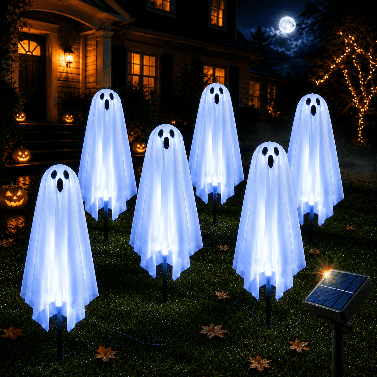 6 Pack Solar Halloween Ghost String Stake Lights, White LED Pathway Lights with 8 Lighting Modes, Waterproof Outdoor Halloween Decor for Garden Yard Lawn Walkway Graveyard Decor