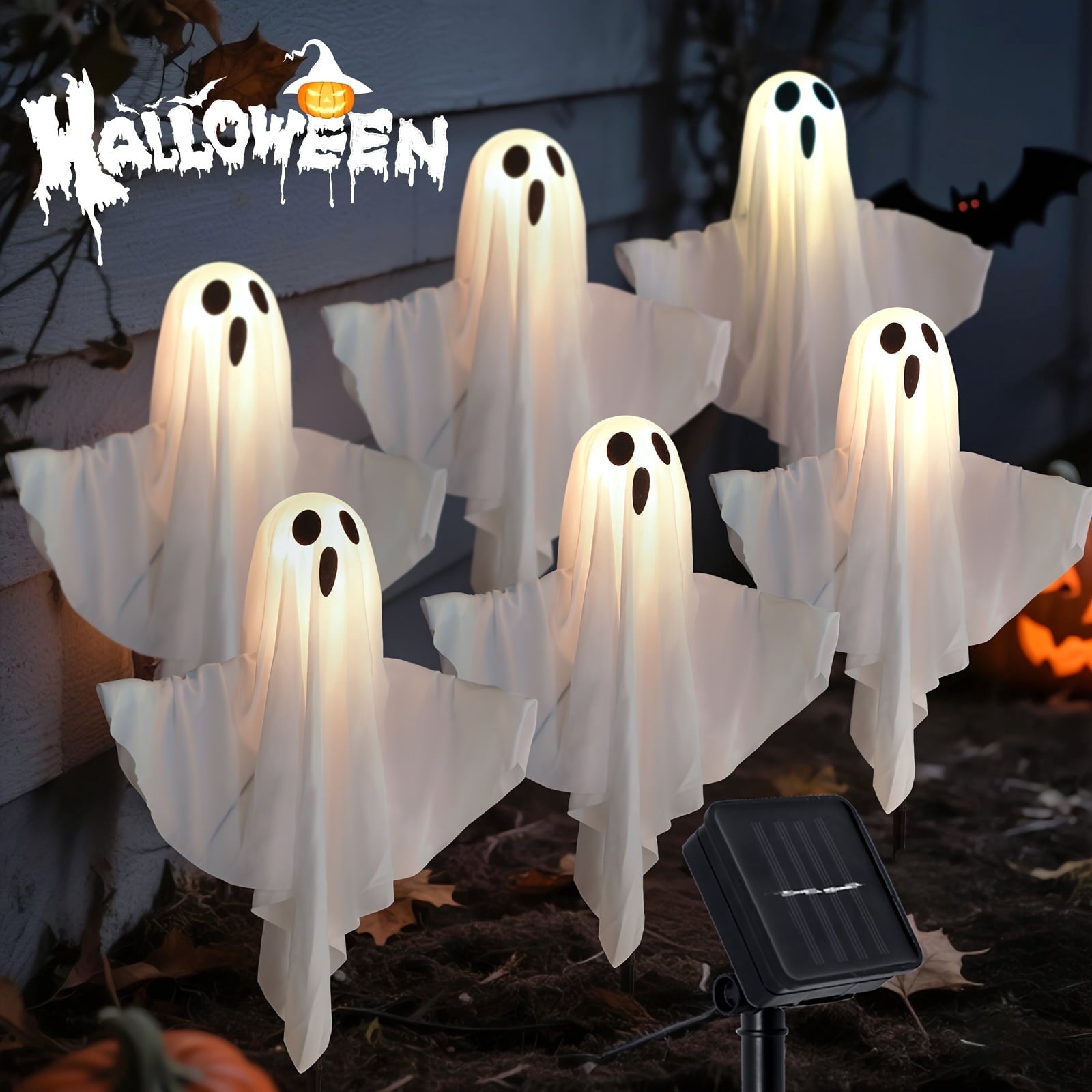 6 Pack Solar Powered Ghost Halloween Decorations Outdoor, LED Light Up Ghost Stakes with Auto On/Off and 8 Lighting Modes, Waterproof Halloween Yard Decor for Garden, Pathway, Porch, Lawn and Party