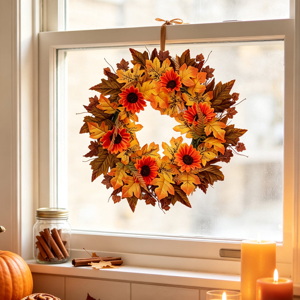 HOARBOEG Handmade Wrought Iron Maple Leaf Wreath, Thanksgiving Rudolph Fall Harvest Door Hanging, Orange Metal Autumn Wreath with Berries, Garden Wall Decor, 15.75 in