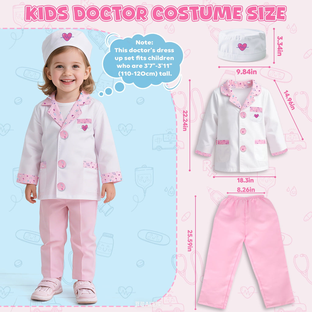 Doctor Costume Set for Kids, Pretend Play Doctor Dress up Clothes with Medical Accessories, Kids Doctor Costume Set Toy for Age 3 4 5 6 Boys Girls - Pink(110cm*3.6in)
