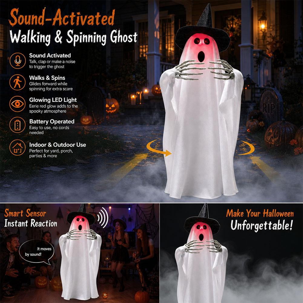 Halloween Animated Ghost Decorations, 26 Inch Sound Activated LED Ghost Prop, Walking Rotating Light Up Decor for Haunted House, Porch, Yard Party