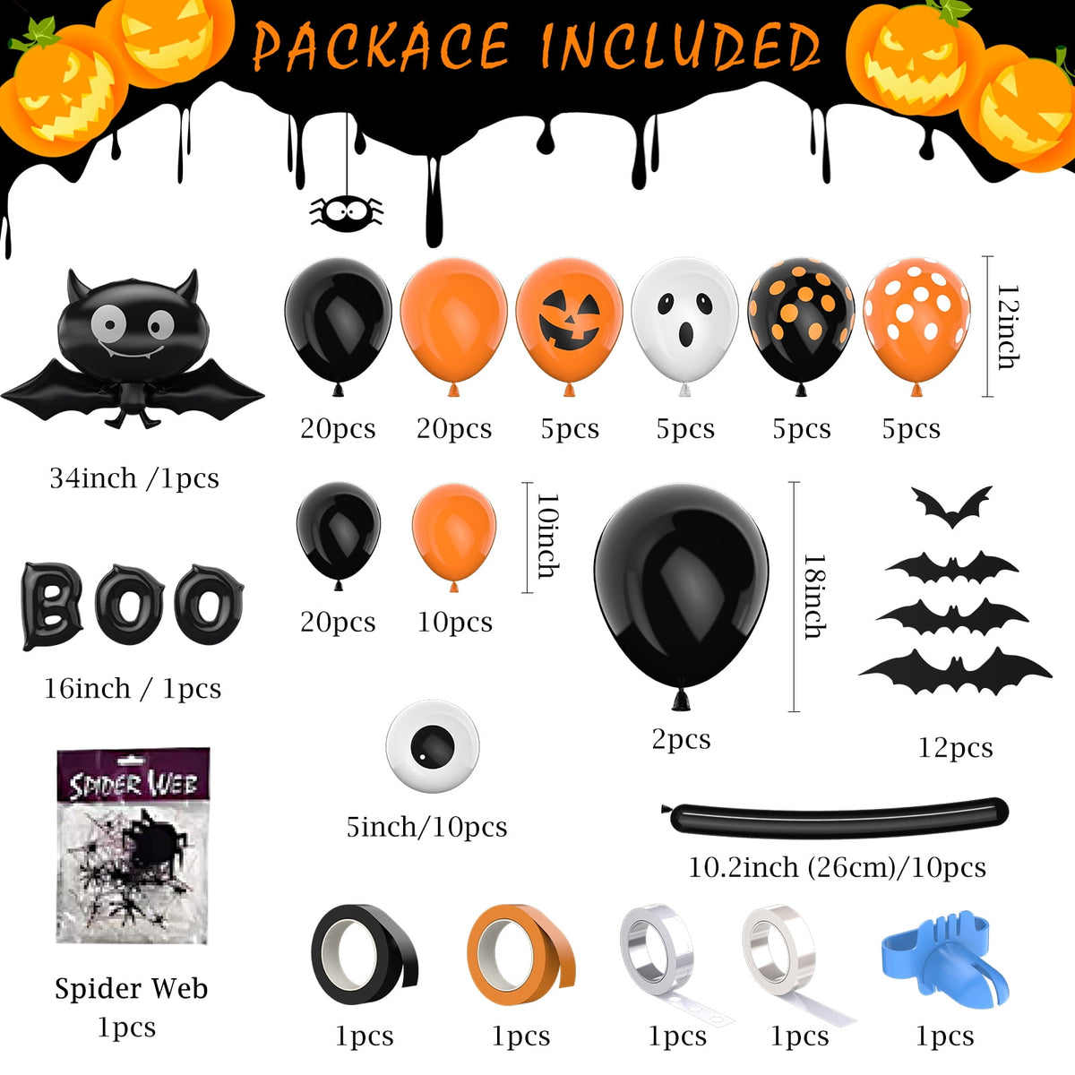 134Pcs Halloween Balloons Garland Kit, Black Orange Balloons Spider Balloons, Long Balloons, 3D Bat Sticker for Halloween Theme Party Background Classroom Decorations