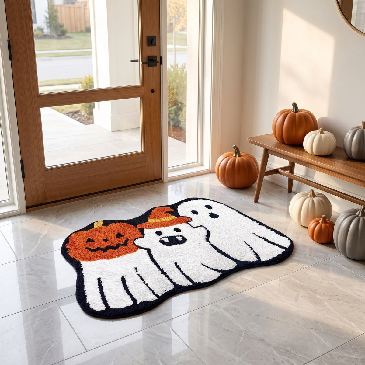 Halloween Doormat Ghost Bath Mat 23.6x15.7in Secure-Grip Absorbent Soft Faux Fur Rug for Bathroom Bedroom Living Room Decor by OVFUIZ