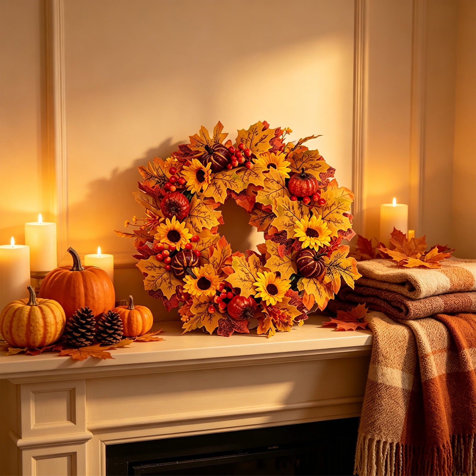 HOARBOEG Autumn Harvest Sunflower Wreath, Artificial Pumpkin Maple Leaf Fall Wreath for Front Door, 21.65 in Thanksgiving Wall Hanging Decor, Outdoor Indoor Harvest Decor