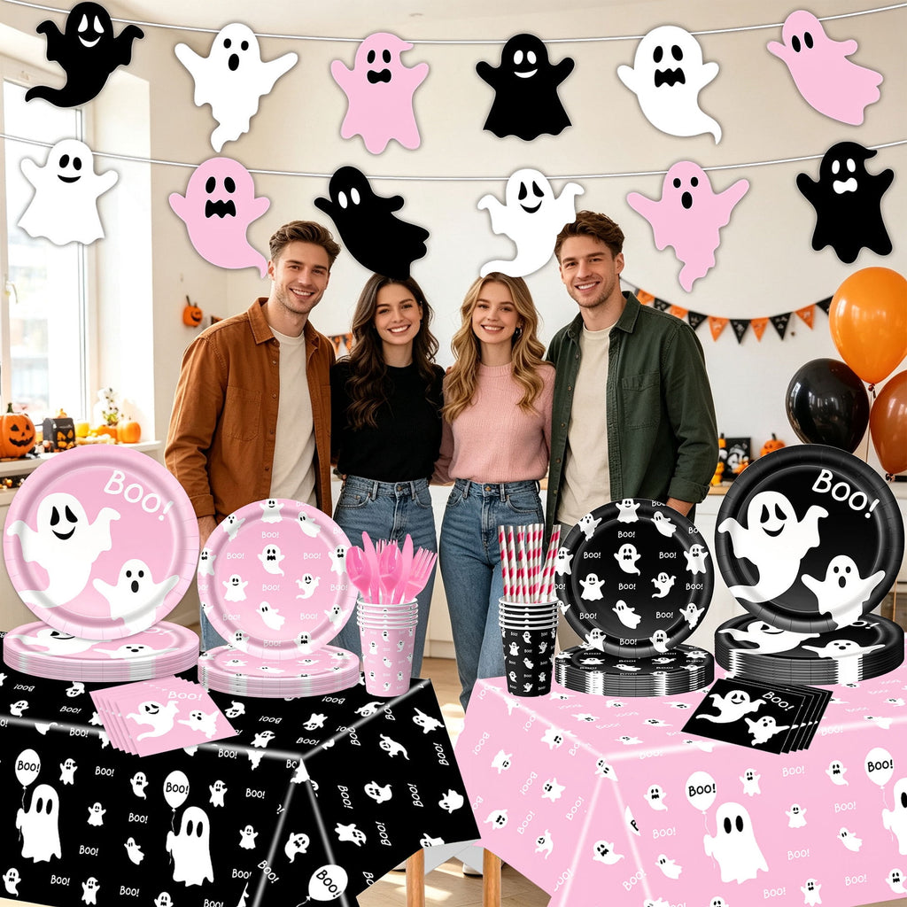50/73/93Pcs Halloween Boo Party Tableware Supplies Decorations,Spooky Ghost Plates Napkins Boo Ghost Tableware Tablecloth Banner for Halloween Birthday Party Boo Baby Shower Party Supplies