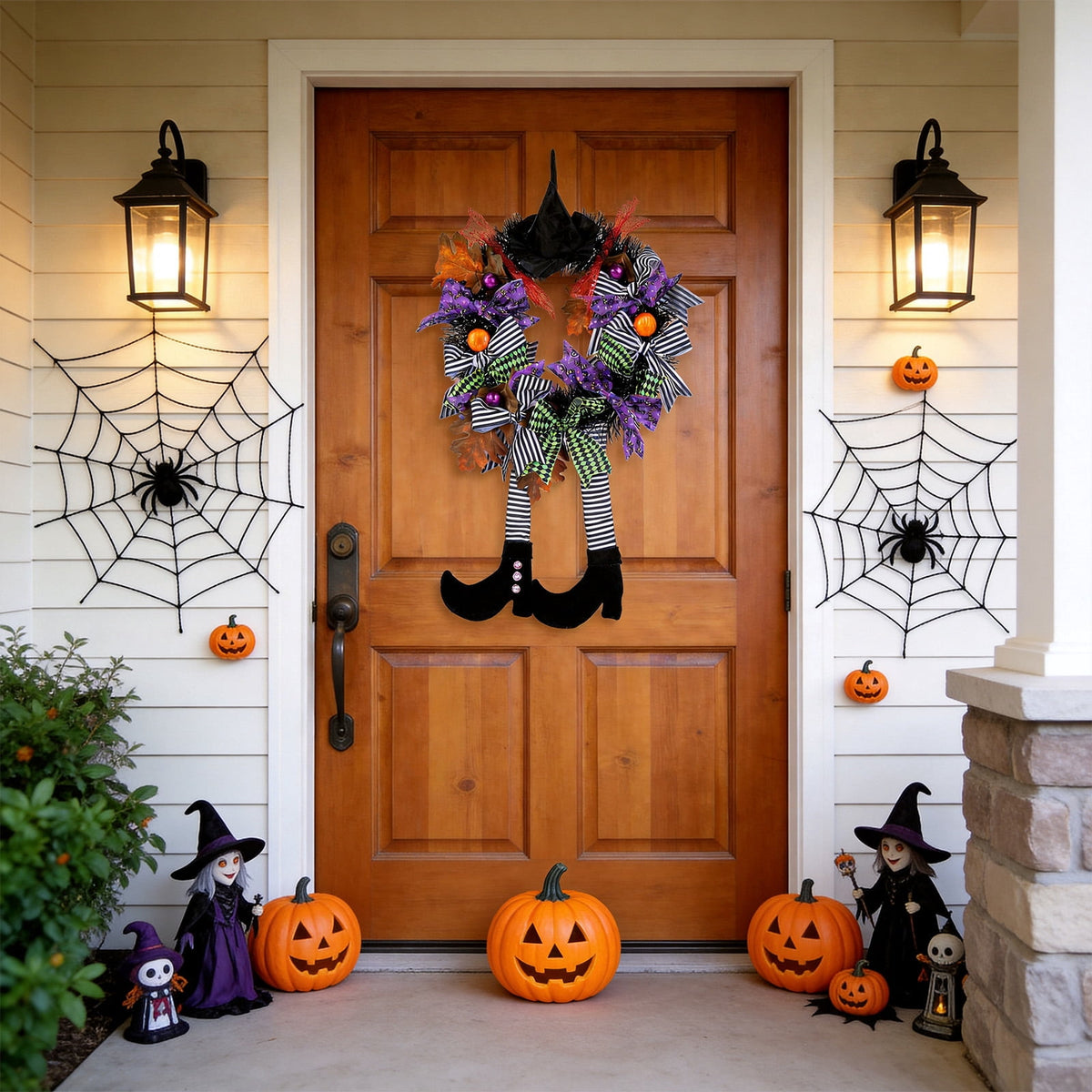 AGCAN 27 Inch Halloween Wreaths for Front Door, Unlit Halloween Wreaths with Witch Hat & Legs, Halloween Decorations for Home, Porch, Window, Indoor, Wall Decor