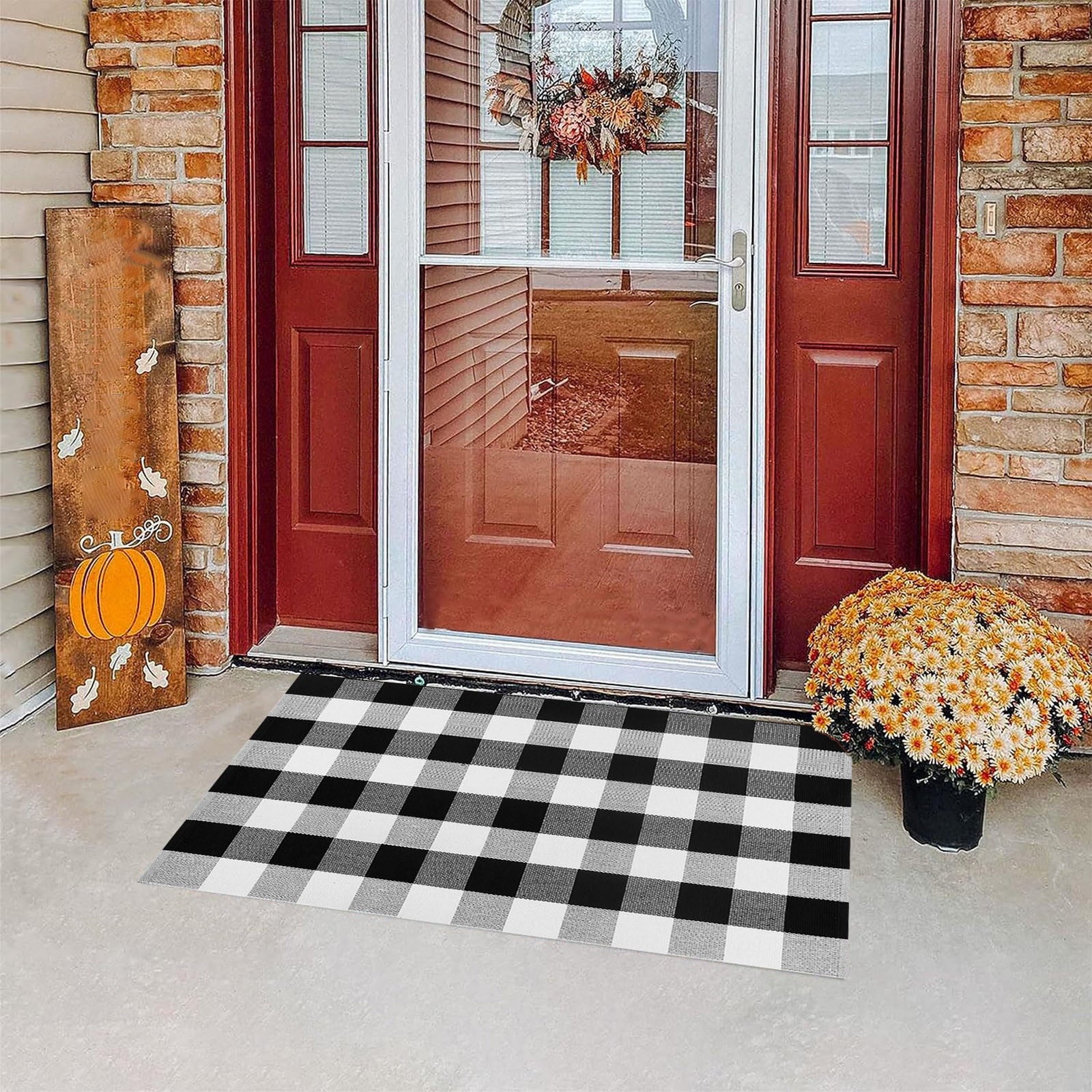 Fall Plaid Mat, 16*24" Autumn Front Door Decor Mat, Cotton Washable Hand-Woven Door Mat for Layered Doormat, Autumn Halloween Thanksgiving Carpet for Porch, Entryway