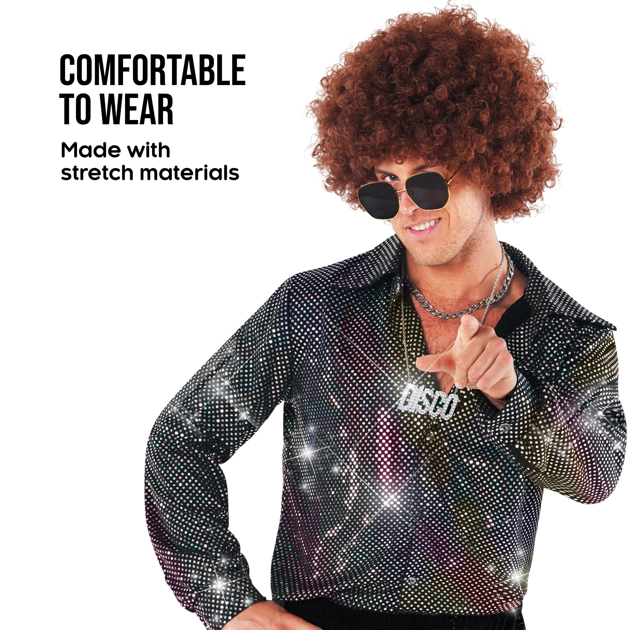 Morph Morph Disco Shirt Mens 70S Costume, Fancy Dress Outfit for Men, Retro 1970S Disco Party Wear, 80S Theme Costume Halloween Costume for Men Silver Small